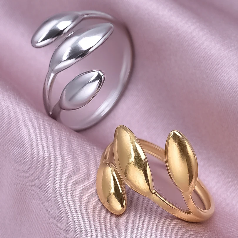 1/2pcs/Lot Fashion Beads Ball Ring Plant Leaf Water Droplet Open Adjustable Stainless Steel Rings For Women Men Real Gold Plated