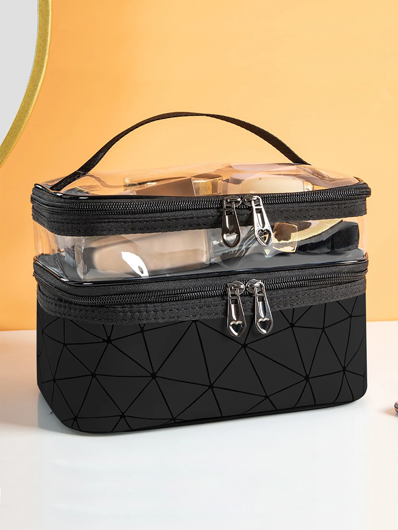 Functional Double-layer Clear Makeup Bag with Wide Opening and Sturdy Handles for Organization of Cosmetics and Toiletries