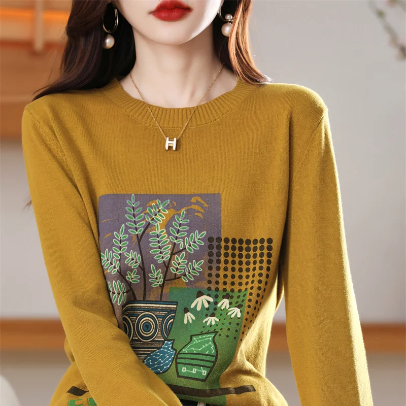 

Autumn and Winter New Women's 100% Cotton Pullover Soft Warm Printed Sweater Casual Knitted Women's Base Sweater