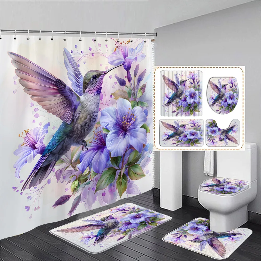 Blue Floral Hummingbird Shower Curtain Set Flowers Plant Bird Watercolour Art Modern Bathroom Decor Bath Mats Toilet Lid Cover