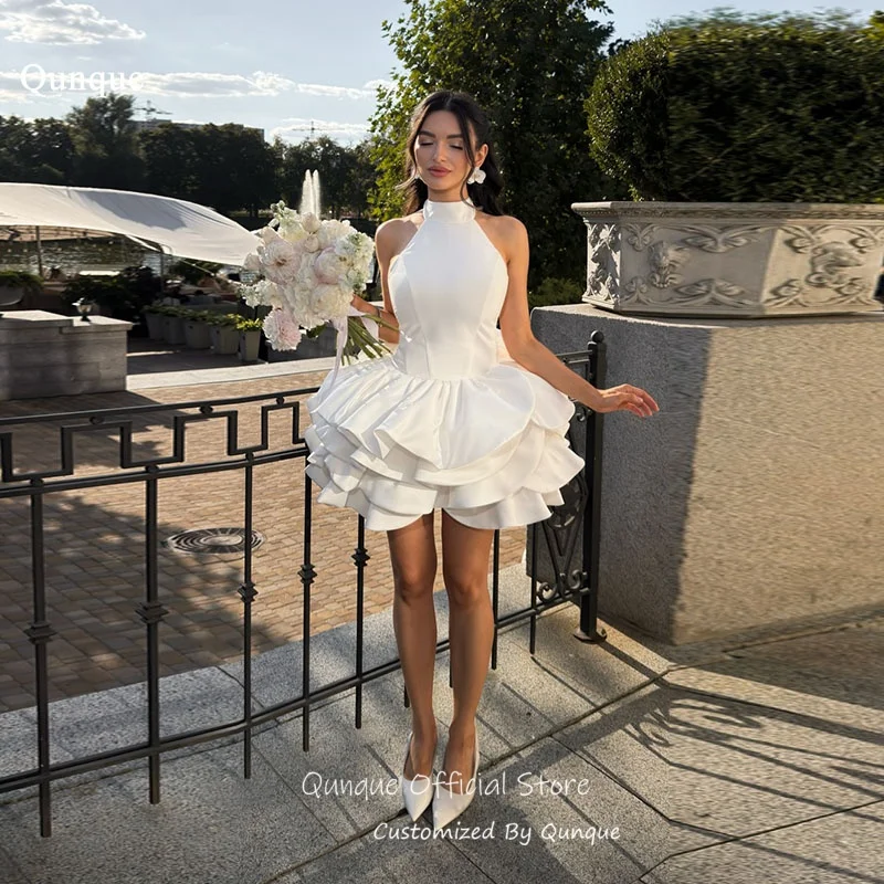 Qunque Satin Halter Neck Wedding Dress Cascading Ruffle Hem Bridal Gown Minimalist A Line Puffy Vestido De Novia Boda Customized