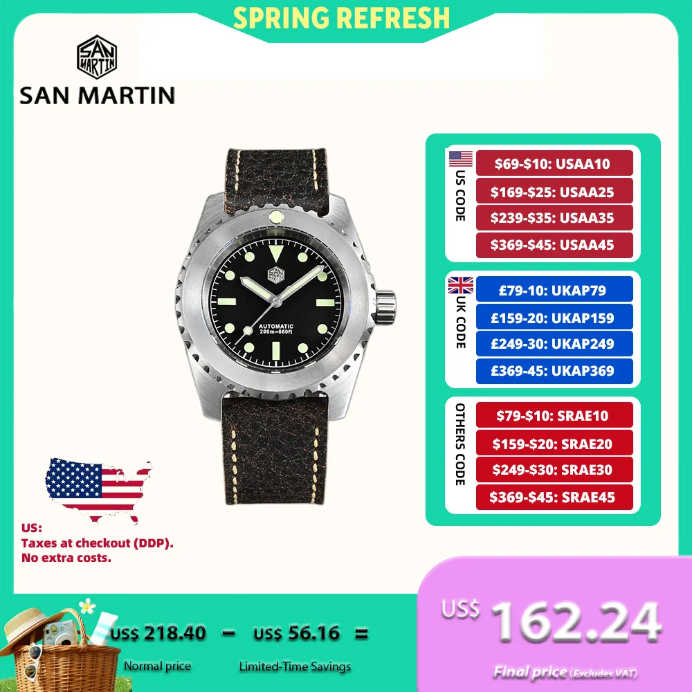 

San Martin 41mm Retro Men Diver Watch 8215 8315 Self-Wind Wristwatch Mechanical Automatic 20Bar Waterproof Lume Vintage SN0029B