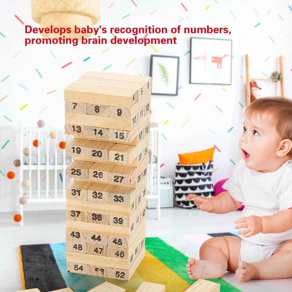 Wooden Blocks Stacking Game 54pcs Wooden Numbered Building Blocks With 4 Dices For Boys Girls Children