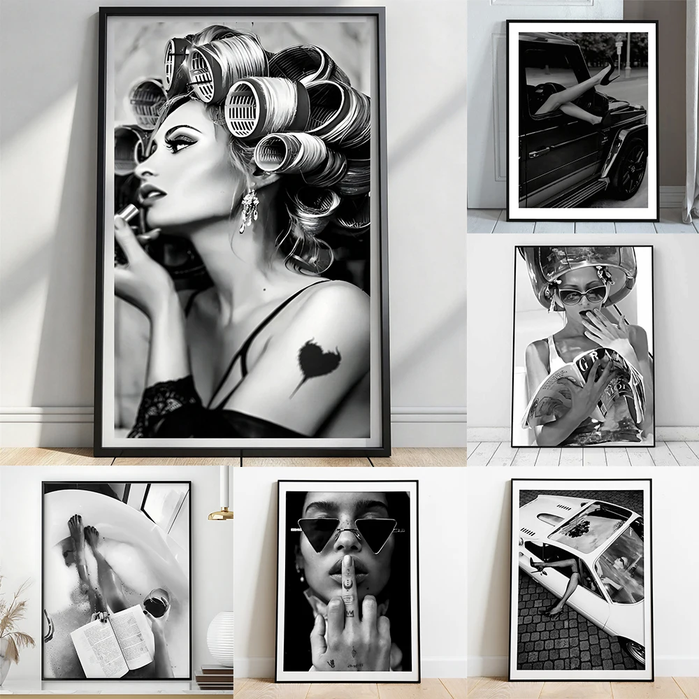 Vintage Beauty Salon Wall Art Prints Chic Fashion Poster Retro Glam Decor Black and White Feminine Print Retro Beauty Salon Art