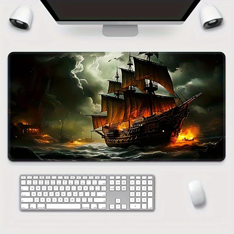 Extra size, rectangular mousepad, deep sea waves, war ships, large mousepad, natural rubber, durable stitched edge, non-slip