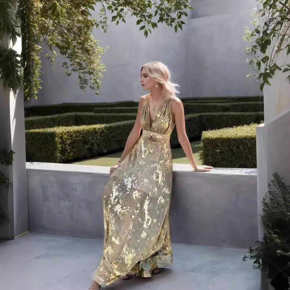 Seidiges Slip-Kleid mit V-Ausschnitt für Damen, Sommer, durchsichtig, geometrischer Druck, A-Linie, Midikleid, elegant, lässig, Strandmode, ärmelloses Sonnenkleid ​