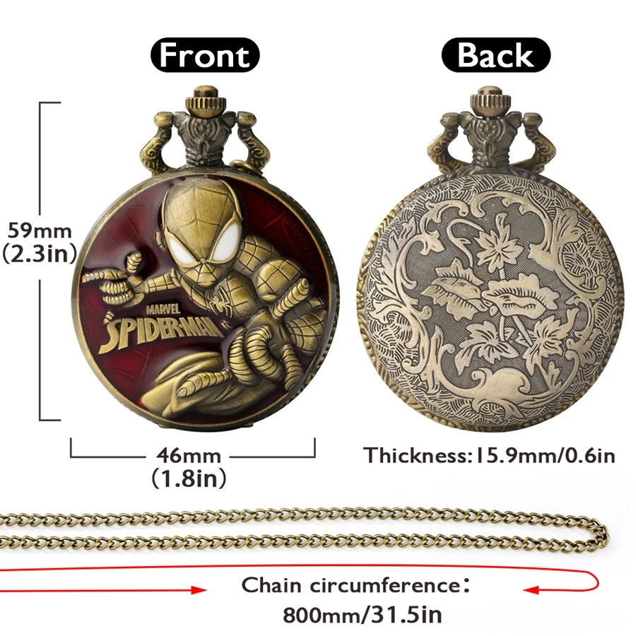 Marvel Spiderman USA Comic Anime Theme Bronze Quartz Pocket Watch Necklace Retro Pendant Clock Fans Gifts for Men Women 2022