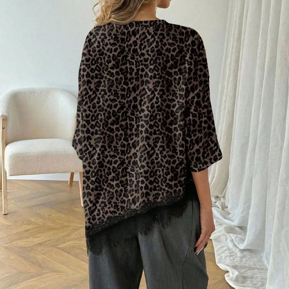 Elegant Lace Patchwork T-shirt Splicing Slanted Lace Middle Sleeve Oversized T-Shirt Casual O-Neck Leopard Print T-Shirt Women