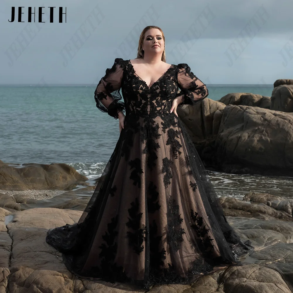 

JEHETH Modern Wedding Dresses Black Plus Size Puff Long Sleeves Lace Up Bride Gowns A-Line Applique V-Neck vestidos de novia