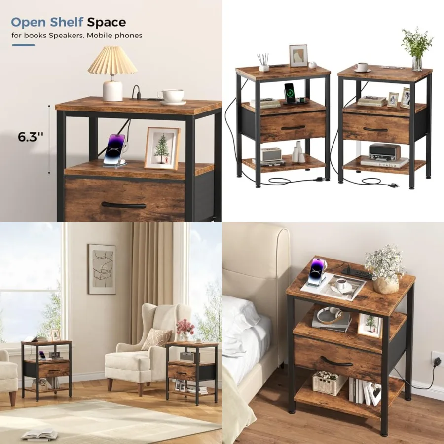 DUMOS Nightstand Set of with Wireless Charging Station Bed Side Tables with Adjustable Fabric Drawers 3-Tier Storage End Tables
