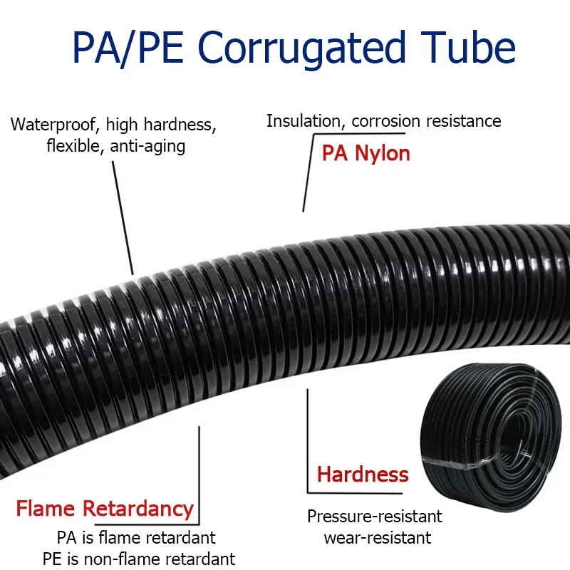 1/5/15M PA/PE Corrugated Tube Pipe Insulation Flame Retardant Plastic Wire Harness Casing Cable Line Protecter AD 7.5-67.2mm ﻿