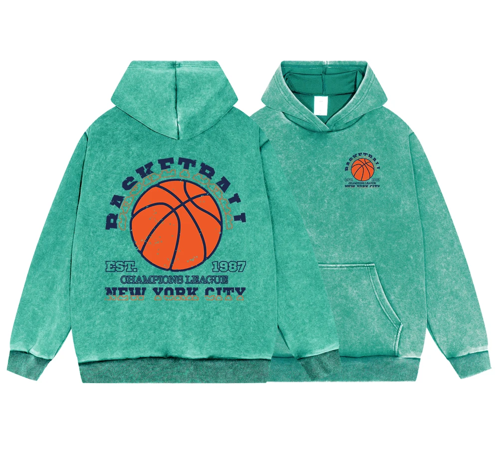 

Basketball Est 1987 New York City Men'S Vintage Washed Cotton Hoodie Pullover Fashion Oversize Hoody Autumn Comfortable Tops