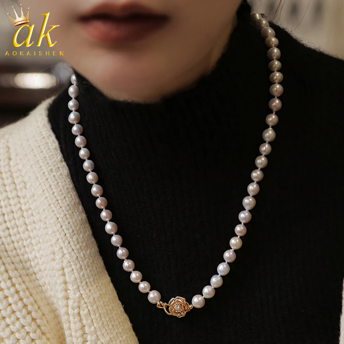 

Aokaishen Pearl Sweater Chain Necklace for Women High end Small Female Long Style Flower Accessories Autumn and Winter Jewelry