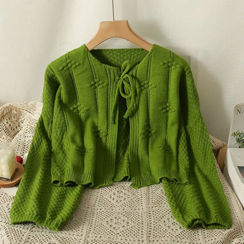 

Green Strap Knitted Cardigan for Women in Autumn and Winter New Short Small Lantern Sleeve Sweater Jacket
