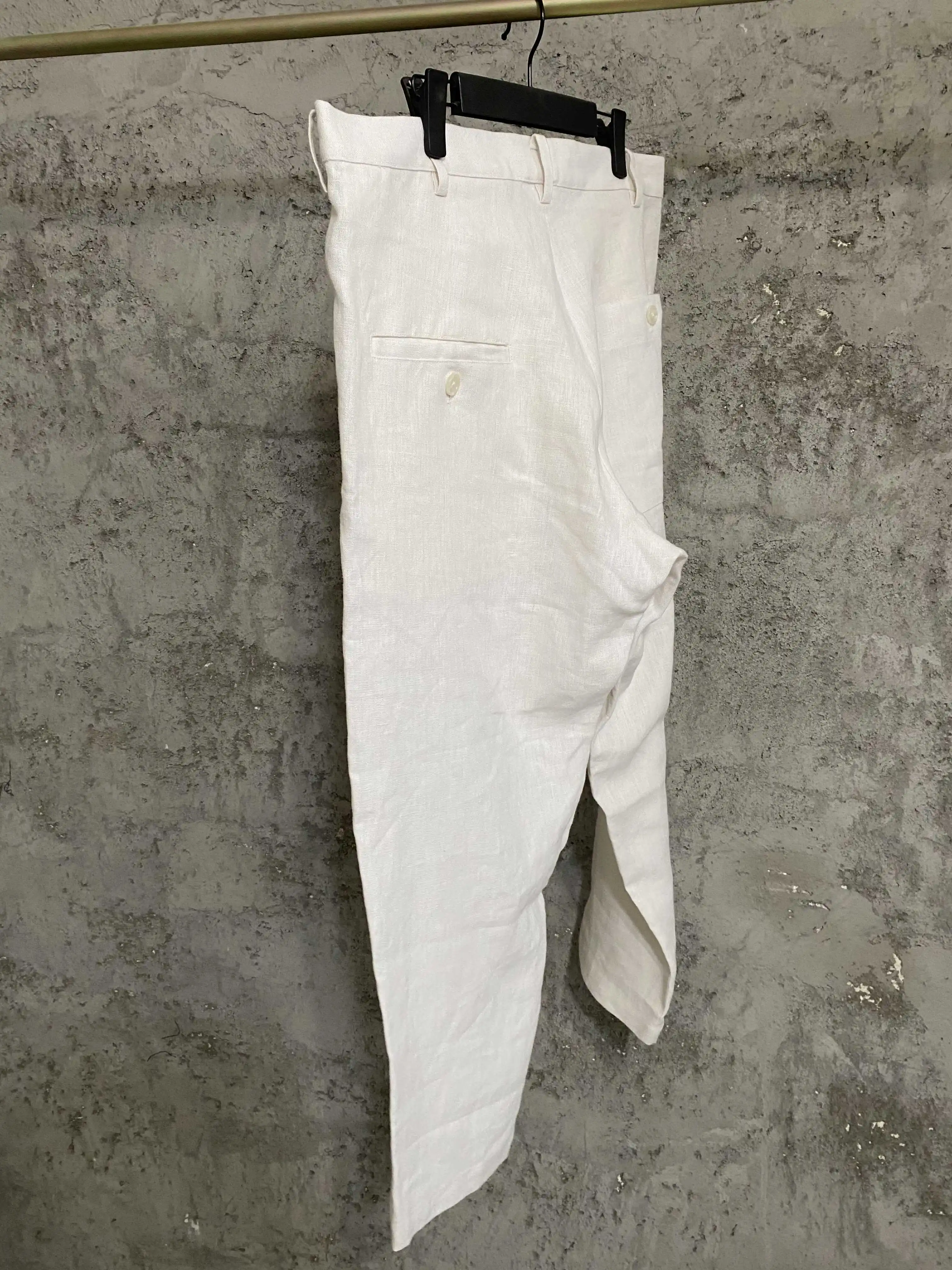 TOP-YAMAMOTO high-waisted black and white linen casual loose trousers for men