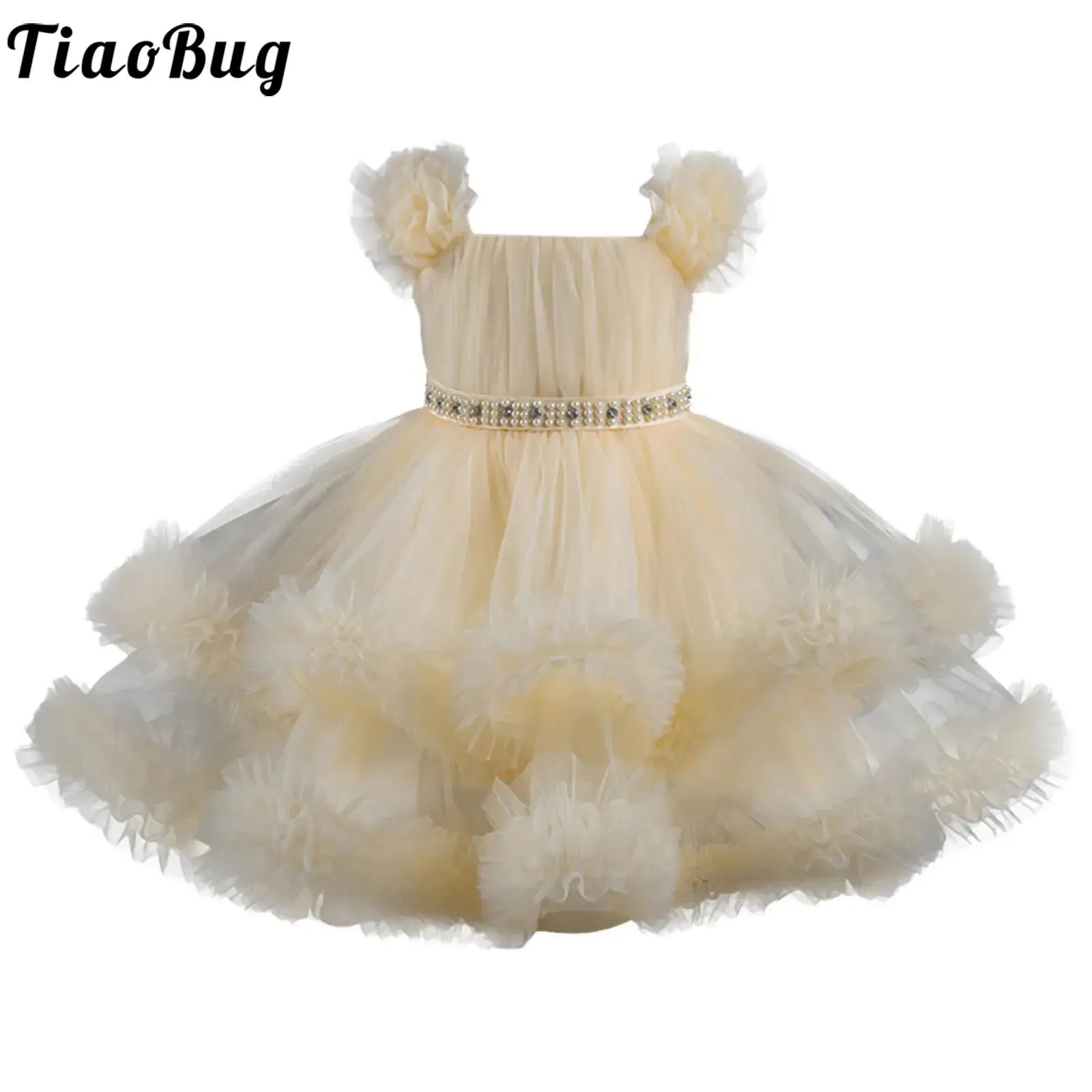 

Элегантное платье принцессы для маленьких девочек, многослойное тюлевое платье трапециевидной формы с рюшами и поясом, пышное платье с цветочным узором для девочек на свадьбу, день рождения