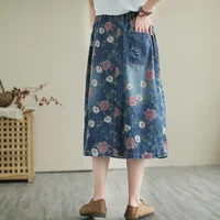Waed Denim Mid-Length Elastic Waist Loose f Skirt Fre Sle Embroidered Patchwork Japanese New Model Women's Skirt - Image 4