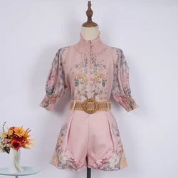 Shirt Womens Tops Spring 2024 Three Quarter Sleeve Belt Cotton Linen Print Single Breasted Puff Sleeve Blue Pink Women Shirts