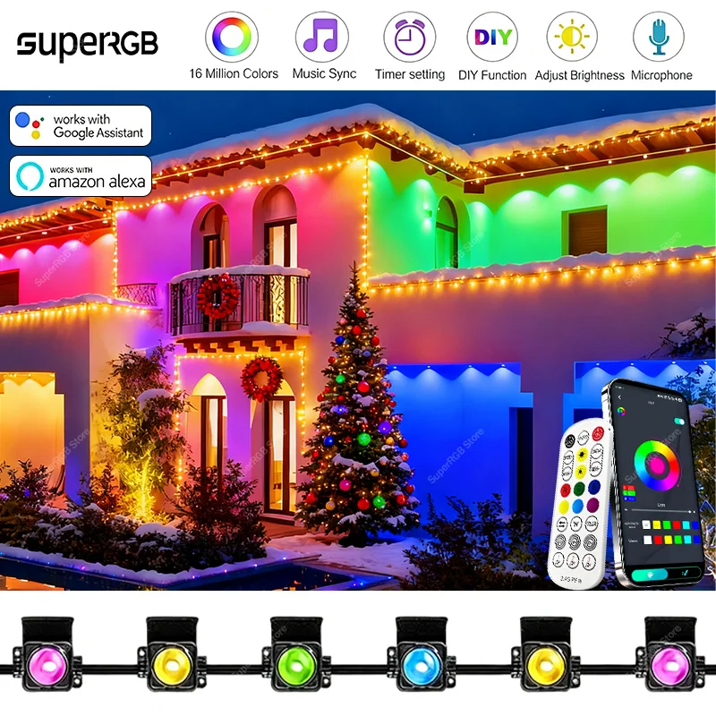 Permanent Outdoor Lights Smart RGBIC Eaves Lights with 75 Scene Modes 100FT 60 LED IP67 Waterproof for Christmas New Year Decor