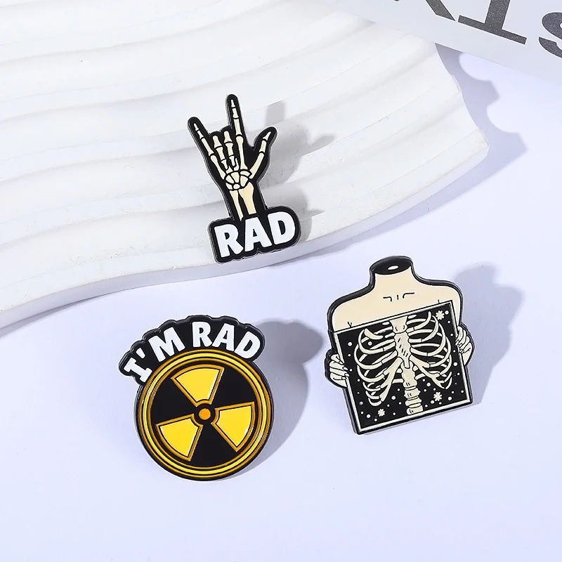 Hazard Warning Radiation Collected Enamel Pins Custom Skeleton Hand I'm Rad Brooches Collar Lapel Badge Jewelry Gift for Friends