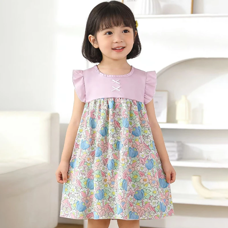 2026 New Summer Princess Girls Dress Sleeveless Cotton Flower Print Dresses For 2-8 Years Kids Children Birthday Present Clothes