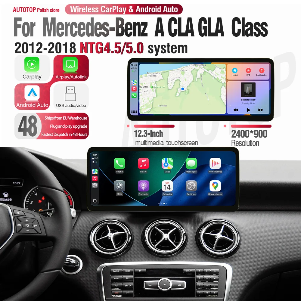 AUTOTOP Schermo Touchscreen Multimediale da 12,3” e 10,25” per Mercedes-Benz A, GLA, CLA W176 NTG4.5 NTG5.0 CarPlay Android Auto AirPlay BT AUX
