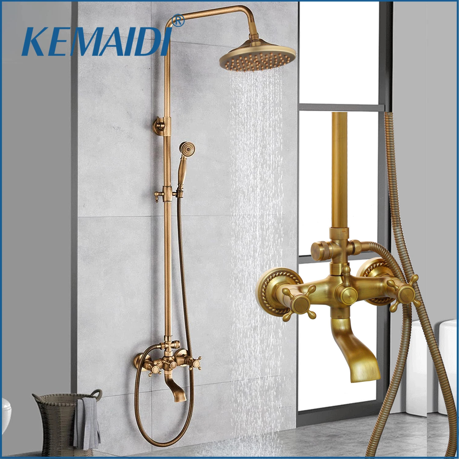 

KEMAIDI Antique Brass Shower Fixture 8 Inch Rainfall Shower Head with Handheld Spray Dual Knobs Mixer Bathroom Triple Function