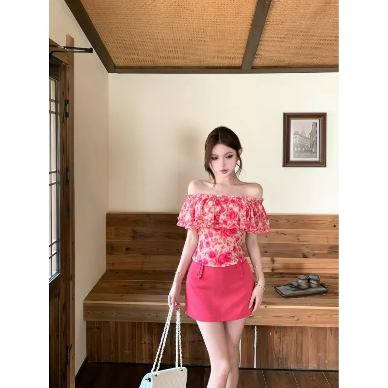 Women Floral Off Shoulder Ruffle Top Solid Mini Skirt 2 Piece Set Elegant Summer Outfit