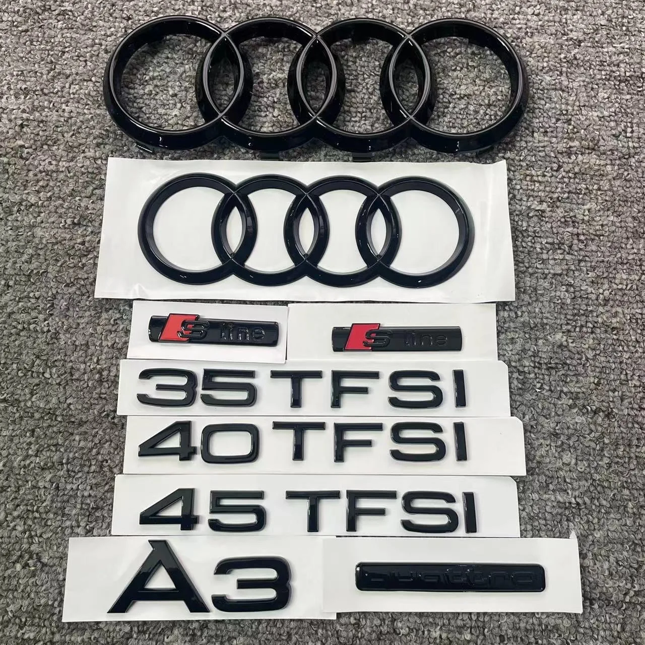 AUDI A3 4 Ring logo ABS Black Car Hood Front Bonnet Grill Rear Trunk Emblem Badge Sticker A3 mark Quarrto Emblem 45TFSI Sline