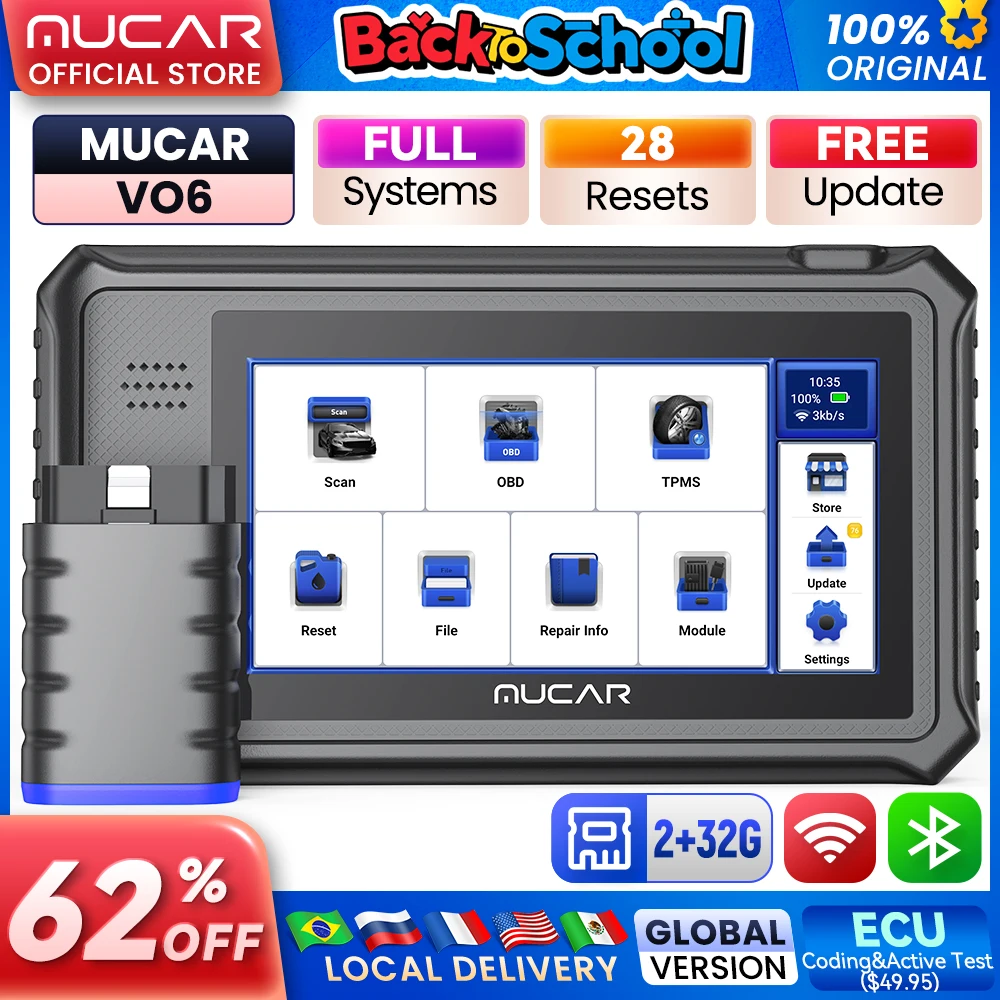 

MUCAR VO6 Все автомобили Бесплатная полная система 28 сбросов Obd2 Диагностические инструменты Кодирование ЭБУ Двунаправленное сканирование Автоматический сканер Obd 2