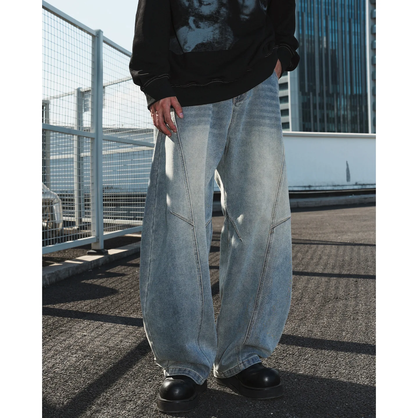 Men Baggy Wide Leg Jeans Deconstructed Seam Splicing Washed Denim Pants Hip Hop Streetwear Loose Trousers For Daily Spring Autum