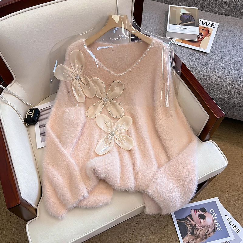 

Fashion Oversize Spring Autumn Pink Imitation Mink Sweater Women V Neck 3D Floral Beaded Diamonds Mohair Knitted Loose Pullovers