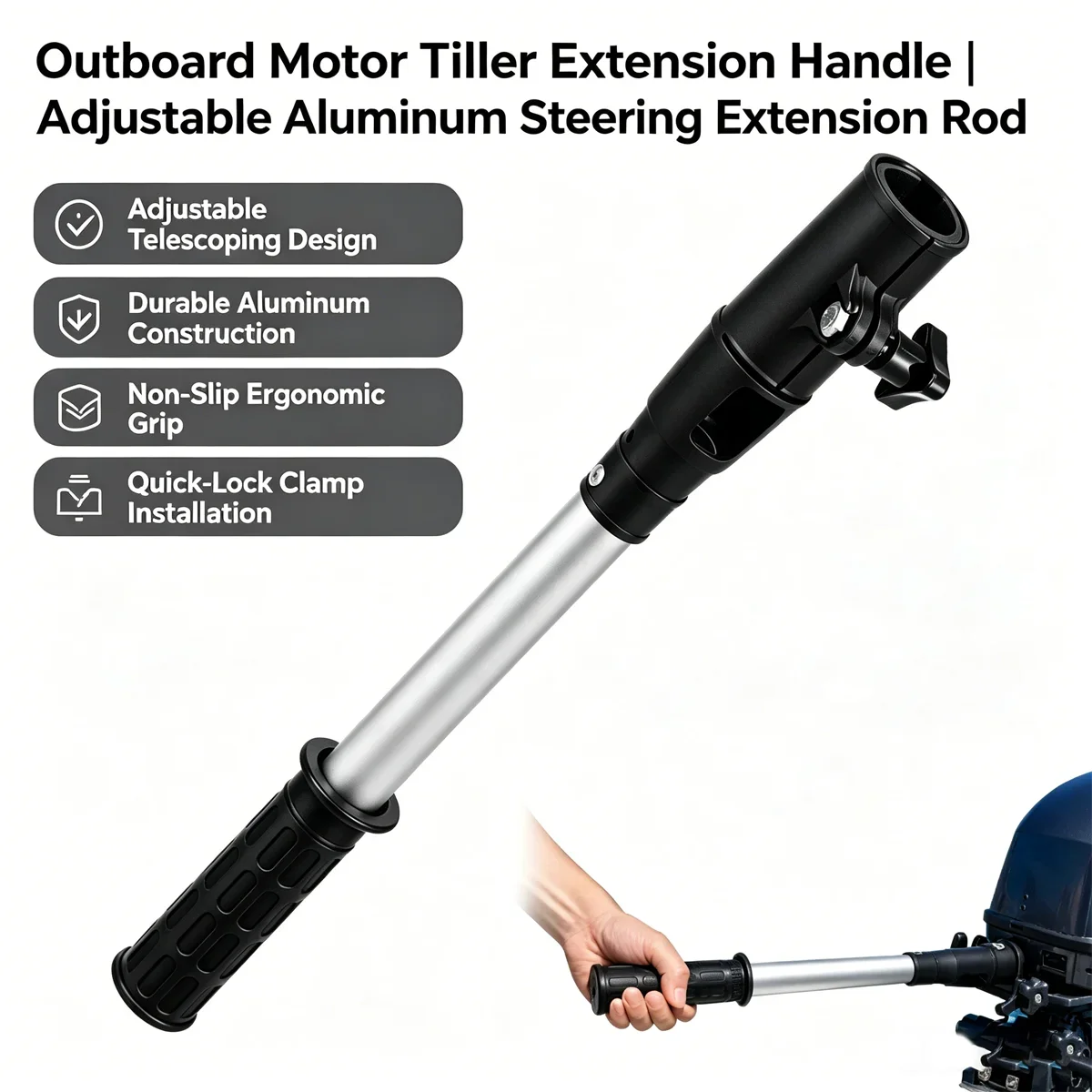 18 Inch Outboard Motor Tiller Extension Handle Aluminum Telescoping Boat Extension Bar for 35-40mm Tiller Trolling Motor