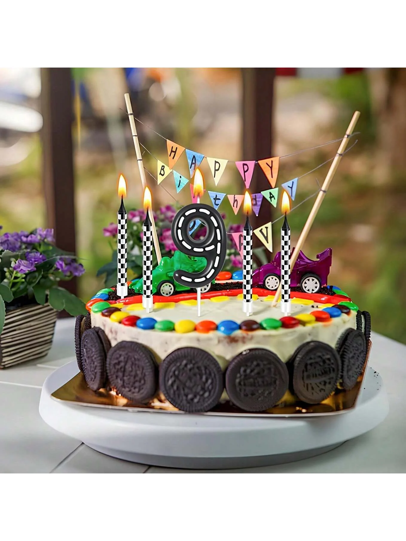 7Pcs Racing Cars Themed Birthday Candles Black and White Checkered Candle 1 to 9 Number Candle Truck Candle Cake Topper for Raci