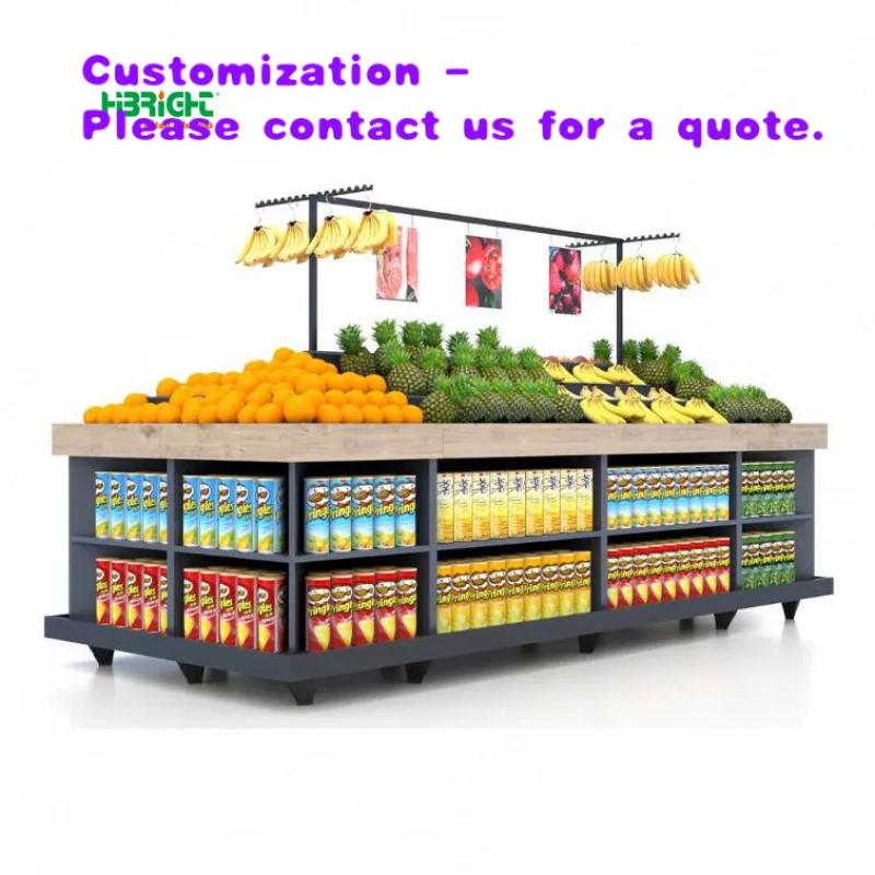 custom.Heavy Duty Double-Sided Wooden & Metal Gondola Shelving Supermarket Fruit & Vegetable Produce Display