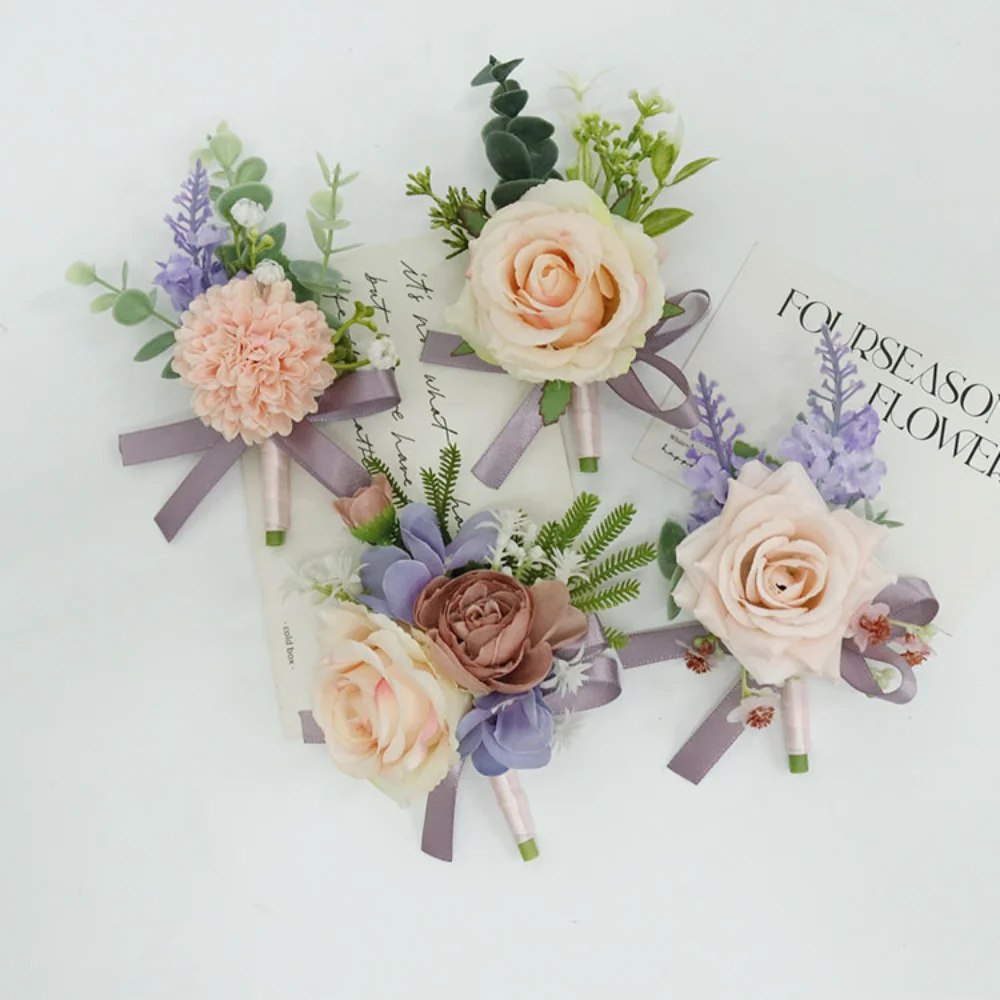 Purple and Lilac Boutonniere for Wedding Silk Roses Corsage Wrist Bridesmaid Bracelet Flowers Groom boutonnière homme mariage