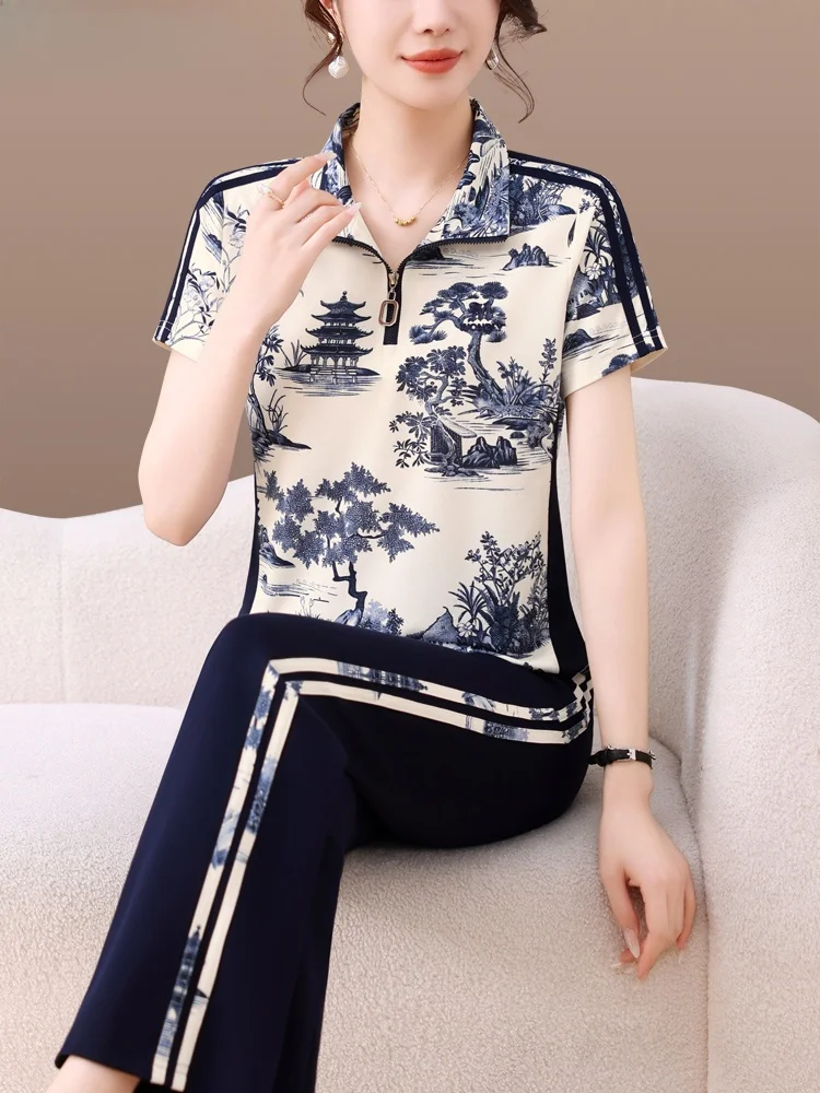 

Спортивный комплект из лазурита для женщин: летний, тонкий, модный, с принтом, из ледяного шелка, с коротким рукавом, длинные брюки, для бега и фитнеса, элегантный комплект из двух предметов