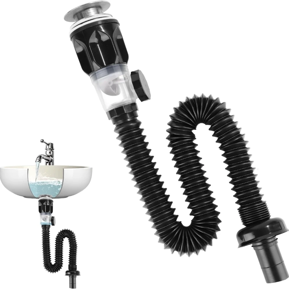 1-5Pcs ABS Body Bathroom Sink Drain Kit Drain Stopper Flexible Hose Stainless Steel Top Side Outlet Basin Drain Pipe Set