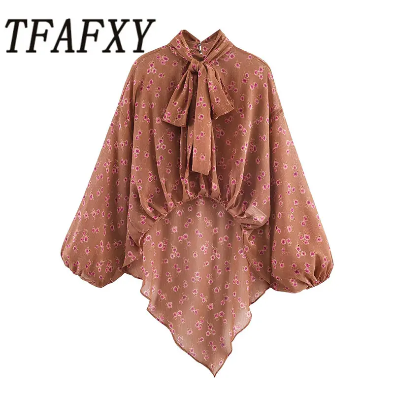 TFAFXY Lässige Chic Damen-Bluse mit Schleife, Blumenmuster, Rüschen, Langarm-Shirts, Mode 2026 Frühling Sommer Urlaubsblusen
