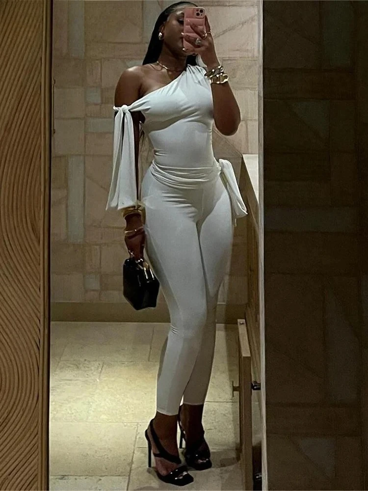 

Chic Elegant 2 Piece Set Women Tracksuit Skew Collar Ribbon Tank Tsop+Leggings Casual Skinny Stretch Matching Outfits