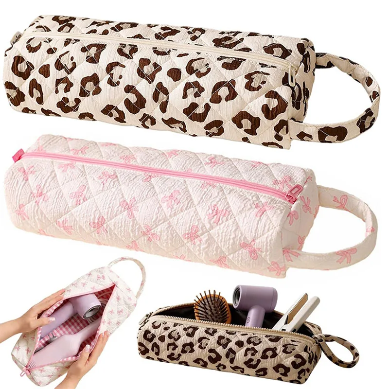Quilted Cotton Hair Tools Travel Bag Hair Styling Storage Case for Hair Dryer and Attachment Designed with a Bow/Leopard Pattern