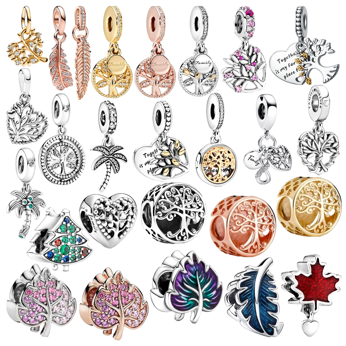 Various Styles Family Tree Leaf Flower Dangle Charm Bead Fit Original Pandora925 Sterling Silver Bracelet DIY Women Jewelry Gift