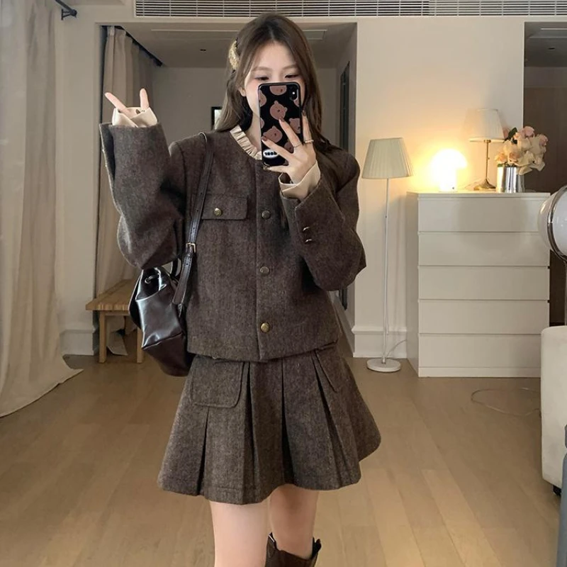 Vintage Y2k Cropped Blazer Mini Skirt Suits Korean Women Long-sleeved Tops Jacket with A-line Pleated Skirt 2pc Set Tweed Outfit