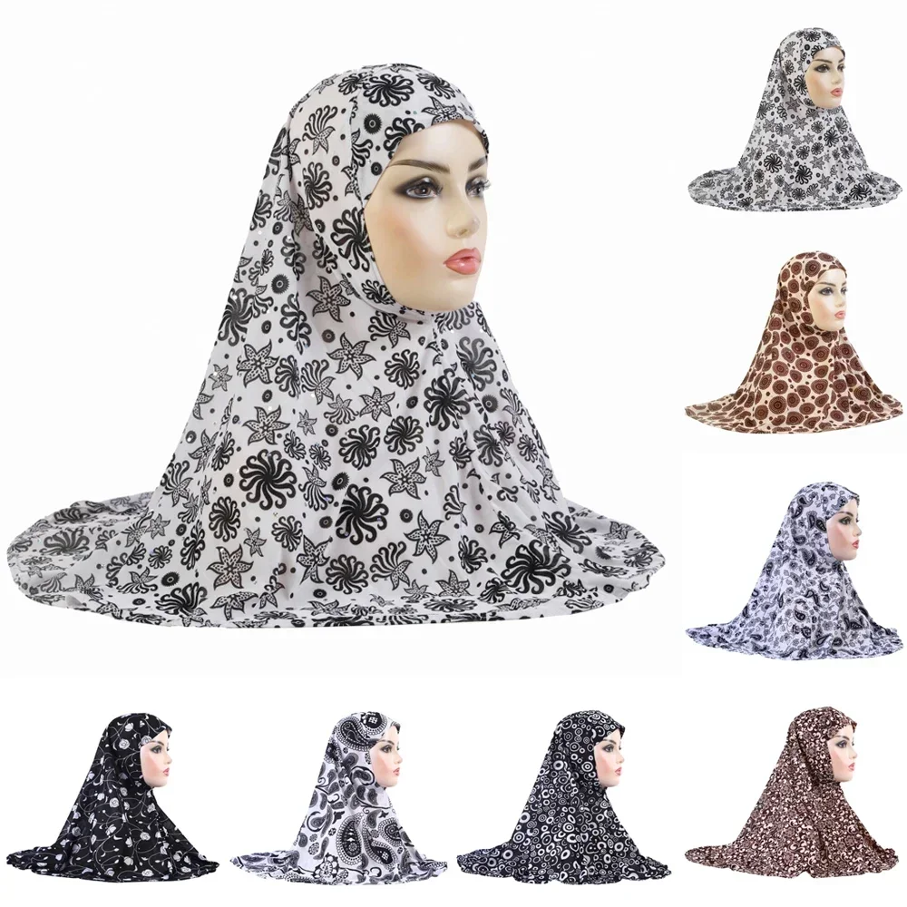 Een Stuk Amira Vrouwen Moslim Print Hijab Tulband Islamitische Gebed Hoed Hoofddoek Khimar Pull Op Sjaal Instant Head Wraps Cap 65*60 cm