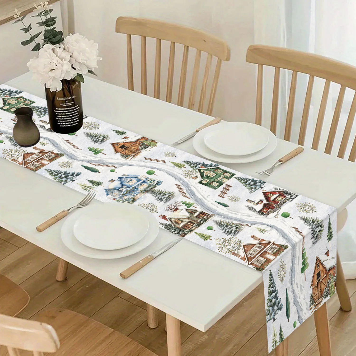 Winter Snow Village Table Runner Christmas Cabin Pine Tree Print for Dining Table Xmas Winter Holiday Home Party Table Decor