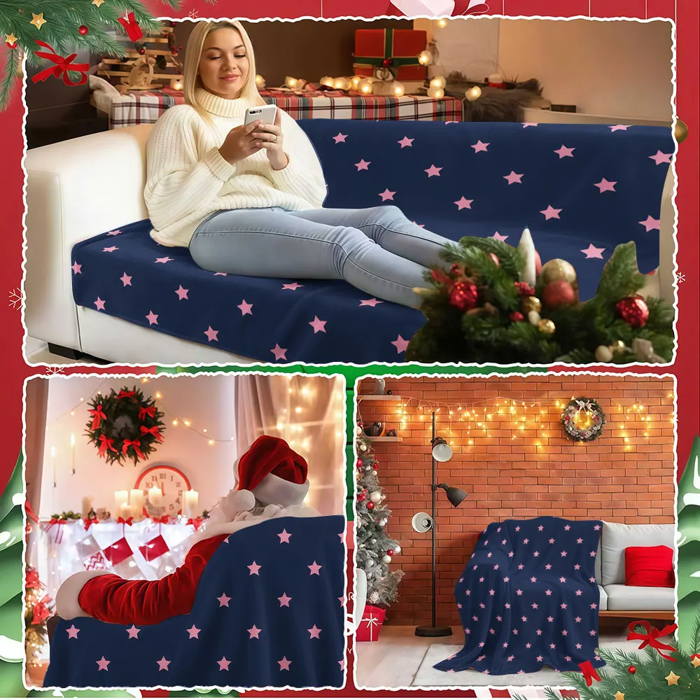 Navy Blue with Pink Stars Winter Summer Flannel Blanket Throw Fleece Soft Fuzzy Plush Cozy Fleece Blankets for Sofa Ideal Gifts