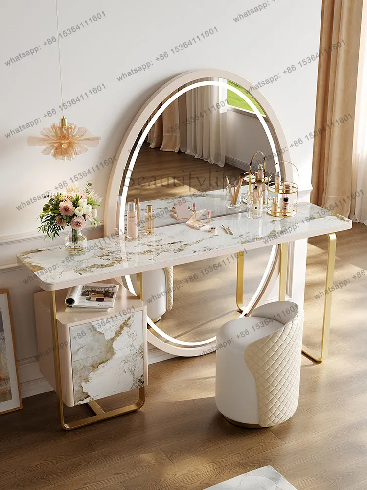 

Light luxury minimalist dresser bedroom high-end rock slab makeup table integrated ins wind full-body mirror