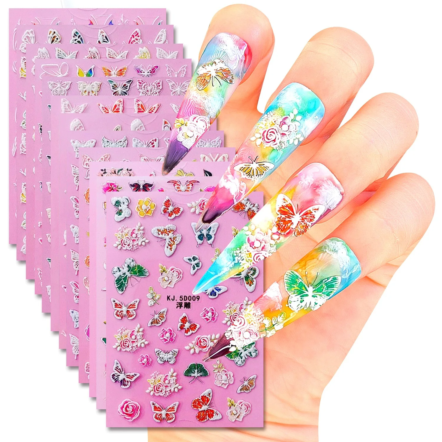 

5D embossed stickers press on nails accessories butterfly flowers designs DIY manicure sliders foil decals nail art adhesive kit