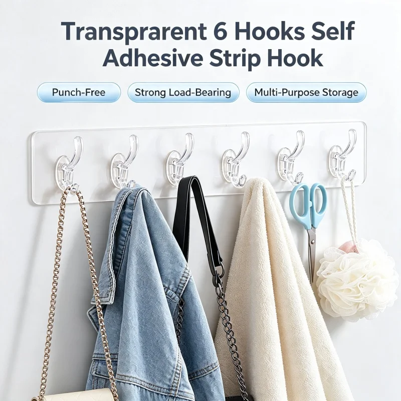 Transparent six-hook self-adhesive wall mounting bracket, no drilling required, suitable for bathrooms and kitchens