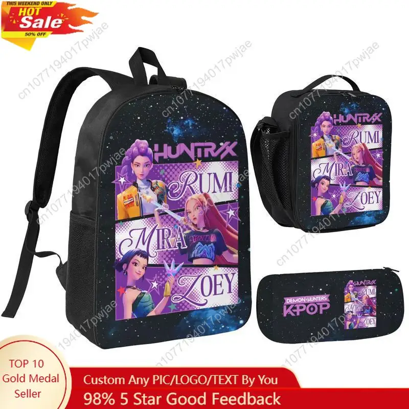 

3PCS K-POP Demon Hunters School Bag Set - Large Capacity Laptop Backpack + Portable Lunch Bag + Pencil Case, Functional Fashion